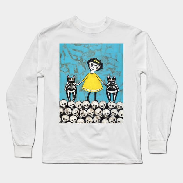 Yellow Skellie Cats Day of the Dead Long Sleeve T-Shirt by KilkennyCat Art